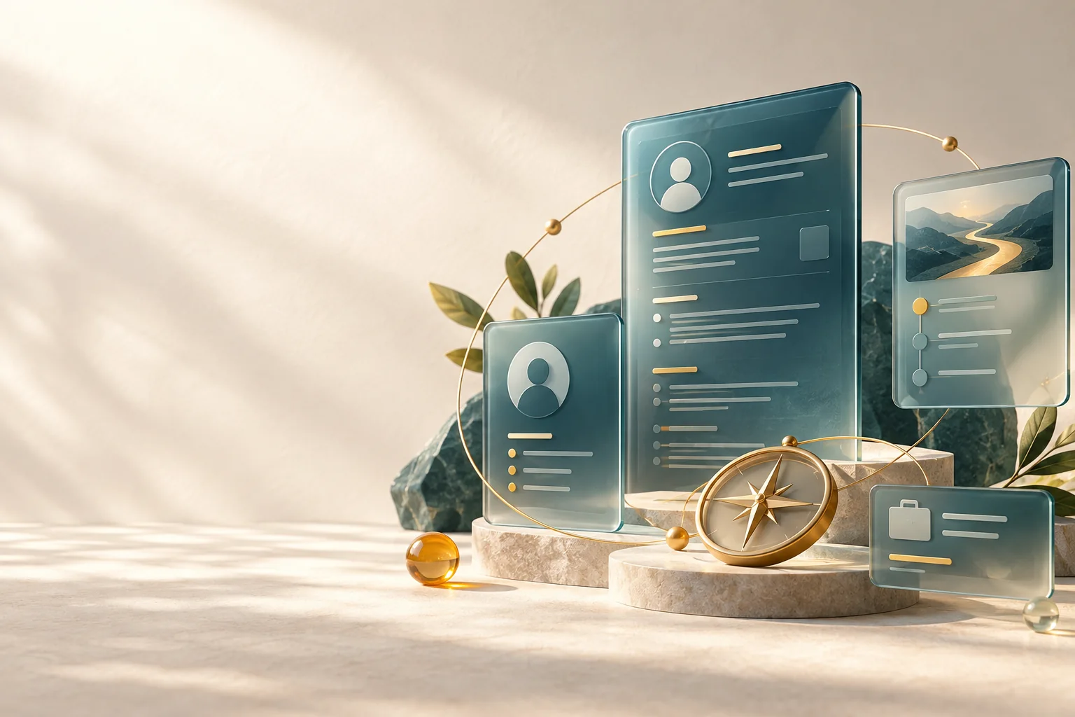 Layered career profile and resume cards with a compass representing a thoughtful career path