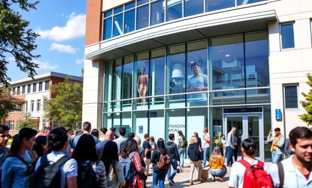 A bustling college campus on a sunny day, the entrance to a modern dental school building prominently featured. Prospective students queue at the admissions office, their faces filled with anticipation and determination. Inside, advisors guide them through the application process, explaining requirements and deadlines with warm professionalism. Anatomical models and lab equipment visible through classroom windows, hinting at the rigorous curriculum to come. An aura of academic excellence and sense of future purpose pervades the scene, capturing the essence of navigating the dental school admission journey.