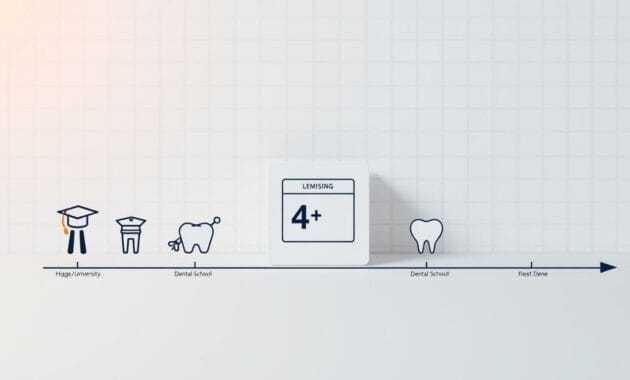 A detailed timeline depicting the educational journey to becoming a dentist. A clean, modern design with a minimalist aesthetic. In the foreground, a series of icons representing the key milestones - high school graduation, college/university, dental school admission, and finally, the dental degree. In the middle ground, a stylized calendar marking the typical 4-year duration of dental school. The background features a subtle grid pattern, lending a sense of structure and organization to the scene. Warm, neutral lighting casts a professional, academic atmosphere. The overall composition conveys the logical, step-by-step process of fulfilling the educational requirements to practice dentistry.