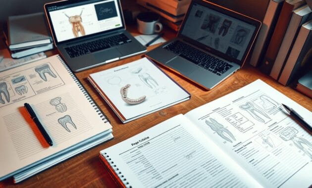 A neatly organized desktop with textbooks, notebooks, and a laptop showcasing scientific illustrations, anatomical diagrams, and dental equipment. The scene is illuminated by warm, directional lighting, casting subtle shadows and highlights that emphasize the academic setting. The angle is slightly elevated, providing a comprehensive view of the preparation materials, conveying a sense of diligence and focus. The overall mood is one of studious contemplation, reflecting the dedicated undergraduate work required for a future in dentistry.