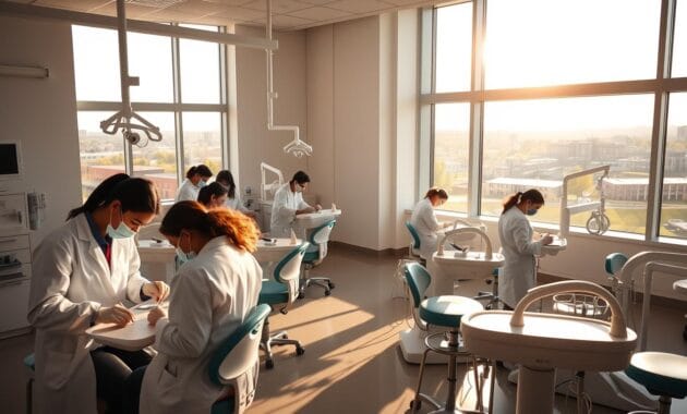 A spacious dental school clinical training room, flooded with warm, natural lighting streaming through large windows. In the foreground, students in white coats and scrubs diligently working on dental procedures, their faces focused and intent. Rows of modern dental chairs and equipment occupy the middle ground, gleaming under the soft illumination. The background reveals a panoramic view of the campus, showcasing the state-of-the-art facilities and the vibrant, collaborative atmosphere of the dental school. The scene exudes a sense of professionalism, learning, and the hands-on training essential for future dentists.