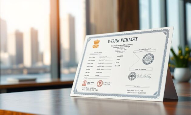 A clean, professional-looking work permit document displayed on a sleek wooden desk, illuminated by soft, natural lighting. The permit is meticulously detailed, with official seals, stamps, and signatures visible. In the background, a blurred cityscape or office setting suggests the international context. The overall mood is one of bureaucratic efficiency and the successful navigation of employment legalities for global careers. A clean, professional-looking work permit document displayed on a sleek wooden desk, illuminated by soft, natural lighting. The permit is meticulously detailed, with official seals, stamps, and signatures visible. In the background, a blurred cityscape or office setting suggests the international context. The overall mood is one of bureaucratic efficiency and the successful navigation of employment legalities for global careers.