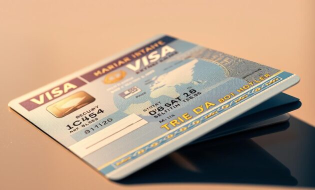 A close-up view of a visa document, featuring a passport-sized photograph, holographic security elements, and intricate designs in shades of blue and gold. The visa is placed on a reflective surface, casting soft shadows and highlighting the textured details. The lighting is warm and directional, emphasizing the depth and dimensionality of the visa. The background is a subtle, blurred gradient, keeping the focus on the visa itself as the central subject. The overall atmosphere conveys a sense of international travel, documentation, and the importance of legal and immigration matters.
