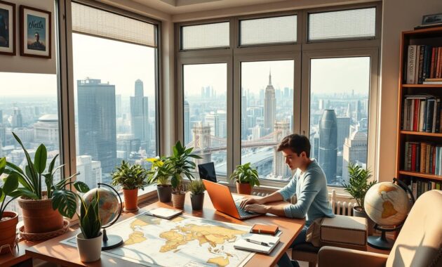 A cozy home office with a large window overlooking a bustling international city. A person working intently on a laptop, surrounded by potted plants, bookshelves, and framed travel photos. Soft, natural lighting filters in, creating a warm, focused atmosphere. The desk is adorned with a global map, a vintage globe, and various office supplies hinting at the global reach of their work. In the background, the cityscape is visible, with skyscrapers, bridges, and a diverse population, reflecting the international nature of their career. The overall scene conveys a sense of productivity, global connectivity, and the ability to build an international career from the comfort of one's own home.