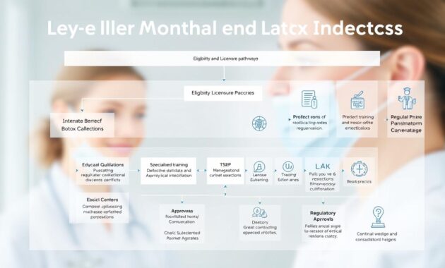 A detailed and informative diagram showcasing the eligibility and licensure pathways for medical professionals to become Botox injectors. The image features a clean, minimalist design with a subtle color palette of blues, grays, and whites. In the foreground, a central flow chart outlines the key steps and requirements, such as educational qualifications, specialized training, and regulatory approvals. In the middle ground, supporting icons and illustrations highlight the various medical disciplines, certifications, and licensing bodies involved. The background provides a sense of depth and context, with soft, blurred medical imagery suggesting the clinical setting. The overall mood is one of clarity, professionalism, and accessibility, guiding the viewer through the complex process of becoming a licensed Botox injector.