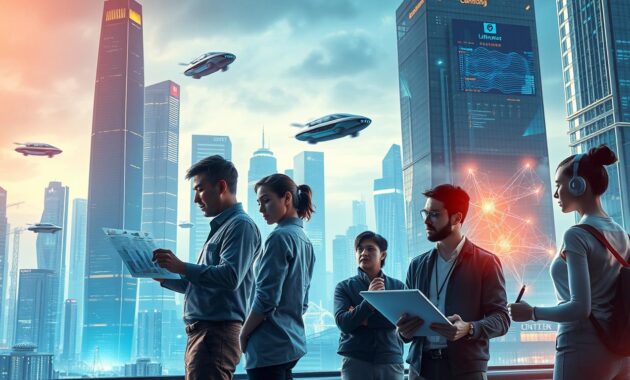 A futuristic cityscape with gleaming skyscrapers and hovering autonomous vehicles. In the foreground, a diverse group of professionals engaged in cutting-edge tasks - a data analyst interpreting complex visualizations, an AI programmer training a neural network, and an innovator sketching designs for a new robotic system. Diffused lighting casts a warm, vibrant glow, while the background showcases emerging technologies like quantum computing clusters and holographic displays. The scene conveys a sense of dynamism, collaboration, and the strategic skills needed to thrive in the global economy of tomorrow.