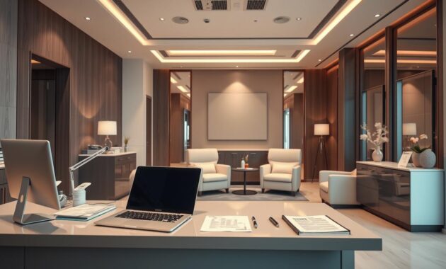 A high-end medical clinic interior with soft, directional lighting. In the foreground, a well-appointed desk with a laptop, paperwork, and medical equipment, representing the administrative and managerial roles. In the middle ground, a comfortable consultation area with plush chairs, where Botox injectors meet with patients. The background features sleek, modern decor and accents, conveying a professional, upscale atmosphere. The overall mood is one of expertise, precision, and client-centric care, reflecting the specialized skills and earning potential of Botox injectors.