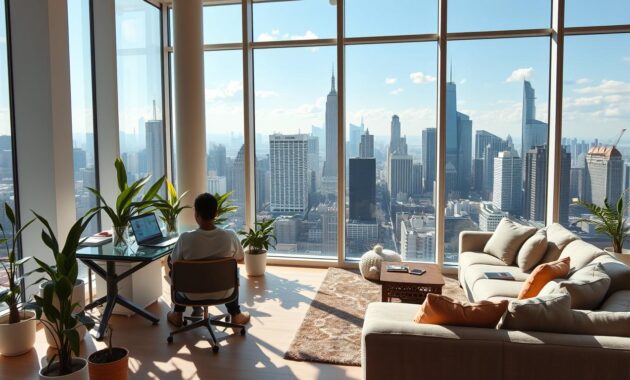 A modern, airy office space with a stunning view of a bustling city skyline. In the foreground, a person working remotely on a laptop, surrounded by plants and minimal decor. Bright natural light streams in through large windows, casting a warm, productive atmosphere. The middle ground features a cozy lounge area with plush seating, inviting the viewer to imagine taking a break and exploring the local culture. In the background, skyscrapers and landmarks suggest an international setting, hinting at the opportunities and experiences of working abroad. The overall scene conveys the balance of productivity and adventure that characterizes the digital nomad lifestyle.