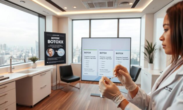 A modern, well-equipped medical office with sleek, minimalist decor. In the foreground, a skilled Botox injector in a white coat expertly administers the procedure, their hands steady and precise. The patient's face is partially obscured, conveying a sense of privacy. The middle ground features a display showcasing Botox treatment packages and pricing, with clear, informative graphics. The background showcases a panoramic view of the cityscape, hinting at the urban, high-end setting. The lighting is warm and professional, creating a calming, trustworthy atmosphere. The camera angle is slightly elevated, giving the viewer a sense of confidence in the practitioner's expertise.
