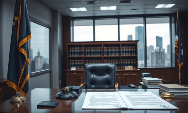 A professional, well-lit shot of a government office interior, showcasing a desk with official documents, seals, and stamps. In the foreground, a state flag hangs prominently, symbolizing the state's regulatory authority. The middle ground features a bookshelf filled with legal volumes, suggesting the depth of regulations. The background depicts a window overlooking a city skyline, conveying the broader context of the state's governance. The overall mood is one of institutional gravity and attention to detail, reflecting the meticulous nature of state-level Botox practice oversight.