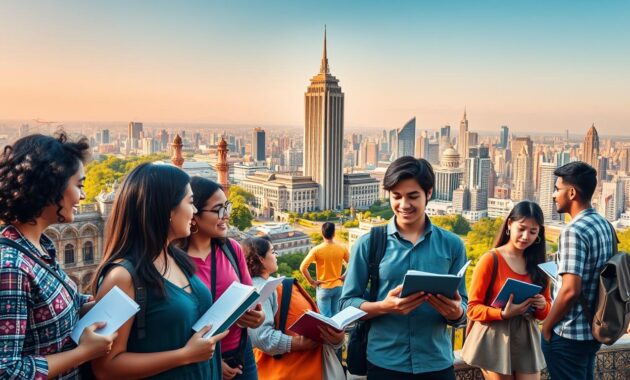 How to Build a Successful International Career A vibrant, panoramic scene showcasing diverse international education pathways. In the foreground, a group of students from different cultural backgrounds engage in dynamic discussions, their books and laptops suggesting a collaborative, modern learning environment. The middle ground features a towering university campus, its architecture a blend of traditional and contemporary styles, representing the fusion of old and new knowledge. In the background, a skyline of bustling global cities stretches out, hinting at the vast opportunities that await those who pursue these educational journeys. Warm, diffused lighting casts a sense of optimism and opportunity, while a wide-angle lens captures the breadth of perspectives and possibilities within this "Education Pathways That Open Doors Internationally" landscape. 