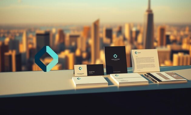 A well-designed personal brand showcasing a professional, sleek aesthetic. In the foreground, a modern, minimalist logo comprised of geometric shapes in a cohesive color palette. In the middle ground, a visually striking brand identity system including business cards, stationery, and digital assets, all exhibiting a clean, sophisticated look. The background features a softly blurred backdrop of an urban cityscape, conveying a sense of global reach and ambition. Warm, directional lighting casts subtle shadows, creating depth and dimensionality. The overall tone is one of confidence, distinctiveness, and polished personal presentation.
