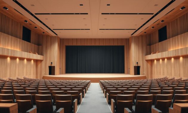 A well-lit auditorium with an elevated stage and rows of seats facing it. The stage is surrounded by rows of tiered audience platforms, creating a sense of grandeur and importance. The platforms are made of smooth, polished wood, with subtle lighting that casts a warm, inviting glow. The background is a large, open space with high ceilings and expansive windows, allowing natural light to stream in and create a serene, contemplative atmosphere. The overall scene conveys a sense of professionalism, attention to detail, and a focus on the audience's experience.