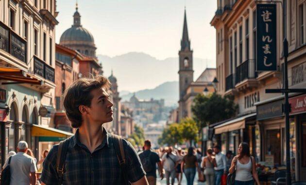A young professional explores a bustling city street abroad, taking in the vibrant sights and sounds. In the foreground, they navigate a crowded sidewalk lined with local cafes and shops, basking in the warm glow of natural sunlight. In the middle ground, towering historic buildings and monuments rise up, creating an inspiring skyline. The background is filled with the hazy silhouettes of distant mountains, hinting at the vast cultural and natural wonders waiting to be discovered. The scene conveys a sense of adventure, growth, and the transformative experience of immersing oneself in a new environment.