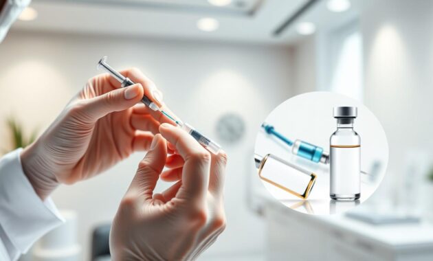 A step-by-step guide to botox training, set against a clean, professional backdrop. In the foreground, a doctor's hand gently administers botox injections, demonstrating the precise technique. In the middle ground, a close-up of a syringe and vial of botox, conveying the medical expertise required. The background features a soft, blurred medical office setting, with subtle lighting that creates a calming, clinical atmosphere. The overall composition emphasizes the care, skill, and attention to detail needed to become a proficient botox injector.