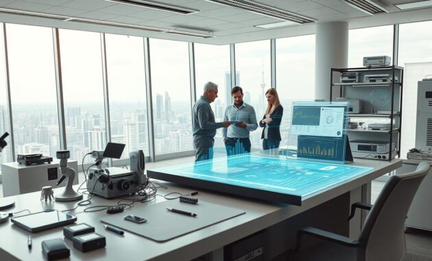 A bright and modern data preparation workspace. In the foreground, a desktop with a holographic display showing interactive data visualizations and analytics tools. Surrounding the desk, an assortment of precision instruments, data input devices, and specialized hardware for data processing. The middle ground features a team of data analysts collaborating, examining spreadsheets and dashboards. In the background, floor-to-ceiling windows offer a panoramic view of a bustling cityscape, conveying a sense of innovation and technological progress. Soft, diffused lighting illuminates the scene, creating a clean and professional atmosphere. The entire composition evokes a sense of efficiency, analytical rigor, and data-driven decision making. A bright and modern data preparation workspace. In the foreground, a desktop with a holographic display showing interactive data visualizations and analytics tools. Surrounding the desk, an assortment of precision instruments, data input devices, and specialized hardware for data processing. The middle ground features a team of data analysts collaborating, examining spreadsheets and dashboards. In the background, floor-to-ceiling windows offer a panoramic view of a bustling cityscape, conveying a sense of innovation and technological progress. Soft, diffused lighting illuminates the scene, creating a clean and professional atmosphere. The entire composition evokes a sense of efficiency, analytical rigor, and data-driven decision making.