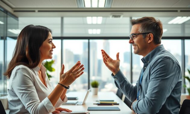 A bright, well-lit office setting with two colleagues engaged in animated discussion, gesturing to resolve a conflict. The foreground shows their focused expressions and body language, conveying a sense of active listening and problem-solving. In the middle ground, office furniture and decor provide a professional context. The background features a large window overlooking a bustling city skyline, suggesting a broader organizational context. The lighting is natural and even, creating a collaborative, constructive atmosphere. The camera angle is slightly elevated, capturing the interpersonal dynamics from an objective, third-party perspective. A bright, well-lit office setting with two colleagues engaged in animated discussion, gesturing to resolve a conflict. The foreground shows their focused expressions and body language, conveying a sense of active listening and problem-solving. In the middle ground, office furniture and decor provide a professional context. The background features a large window overlooking a bustling city skyline, suggesting a broader organizational context. The lighting is natural and even, creating a collaborative, constructive atmosphere. The camera angle is slightly elevated, capturing the interpersonal dynamics from an objective, third-party perspective.