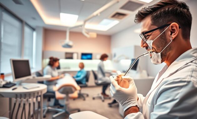 A brightly lit, modern dental office with state-of-the-art equipment. In the foreground, a dentist in a white coat examines a patient's teeth using a dental mirror and probe. In the middle ground, dental hygienists clean and polish patients' teeth, while in the background, administrative staff manage patient records and schedules. The atmosphere is clean, professional, and focused on providing comprehensive oral healthcare. The lighting is warm and inviting, with a mix of natural and artificial sources illuminating the space. The camera angle is slightly elevated, capturing the various roles and responsibilities within a general dentistry practice. A brightly lit, modern dental office with state-of-the-art equipment. In the foreground, a dentist in a white coat examines a patient's teeth using a dental mirror and probe. In the middle ground, dental hygienists clean and polish patients' teeth, while in the background, administrative staff manage patient records and schedules. The atmosphere is clean, professional, and focused on providing comprehensive oral healthcare. The lighting is warm and inviting, with a mix of natural and artificial sources illuminating the space. The camera angle is slightly elevated, capturing the various roles and responsibilities within a general dentistry practice.