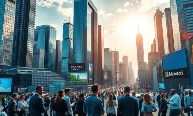 A bustling cityscape filled with gleaming skyscrapers, representing the thriving tech industry. In the foreground, a diverse group of professionals donning business attire, engaged in lively discussions and exchanging ideas. In the middle ground, signage and billboards advertising a wide range of Microsoft certification programs, highlighting the high-demand for skilled technologists. The background showcases a vibrant, energetic atmosphere, with the sun casting a warm glow over the scene, conveying a sense of opportunity and growth. The overall composition suggests the multitude of career paths and job prospects available to those who acquire Microsoft certifications in the rapidly evolving digital landscape.