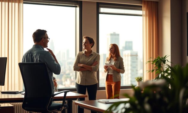 A cozy office setting with a desk, chair, and potted plant in the foreground. In the middle ground, two people engaged in a lively conversation, their body language and gestures conveying a sense of active listening and mutual understanding. The background features a large window overlooking a bustling city skyline, with soft, warm lighting filtering through. The overall atmosphere is one of productive collaboration and effective interpersonal communication skills. A cozy office setting with a desk, chair, and potted plant in the foreground. In the middle ground, two people engaged in a lively conversation, their body language and gestures conveying a sense of active listening and mutual understanding. The background features a large window overlooking a bustling city skyline, with soft, warm lighting filtering through. The overall atmosphere is one of productive collaboration and effective interpersonal communication skills.