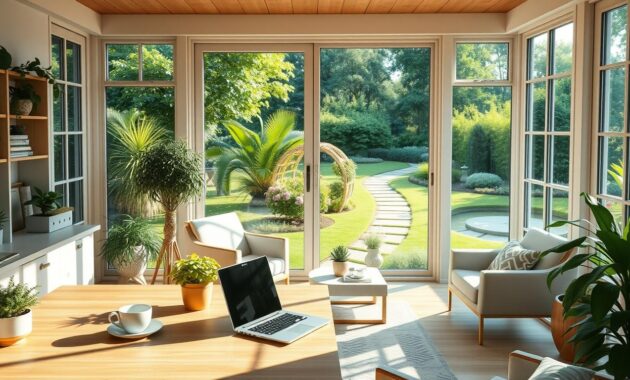 A cozy, sunlit home office with large windows overlooking a lush, verdant garden. In the foreground, a minimalist wooden desk with a laptop, a cup of tea, and a few potted plants. The middle ground features comfortable armchairs and a low table, creating a welcoming seating area. The background showcases the vibrant garden, with flowering plants, a winding path, and a glimpse of a serene pond. The lighting is soft and natural, creating a warm, calming atmosphere that promotes focus, energy, and a continuous learning mindset. A cozy, sunlit home office with large windows overlooking a lush, verdant garden. In the foreground, a minimalist wooden desk with a laptop, a cup of tea, and a few potted plants. The middle ground features comfortable armchairs and a low table, creating a welcoming seating area. The background showcases the vibrant garden, with flowering plants, a winding path, and a glimpse of a serene pond. The lighting is soft and natural, creating a warm, calming atmosphere that promotes focus, energy, and a continuous learning mindset.