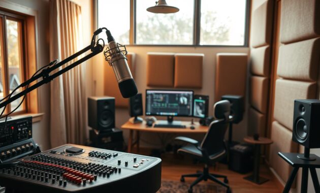 A cozy, well-equipped home music studio with warm, natural lighting filtering through large windows. The foreground features a professional-grade audio interface, a high-quality microphone on a sturdy boom arm, and a pair of sleek studio monitors. In the middle ground, a powerful desktop computer with multiple displays showcases music production software. The background reveals custom acoustic panels lining the walls, creating an optimal sound-dampening environment. The overall atmosphere is one of creativity, focus, and a passion for music production.