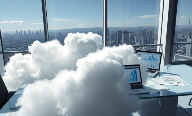A detailed illustration of cloud computing costs, with a focus on the financial implications. In the foreground, a large cloud formation dominates the scene, its wispy edges casting shadows across a sleek, modern office setting. In the middle ground, financial reports and spreadsheets are scattered across a glass-topped desk, accompanied by a laptop displaying various cost-tracking metrics. The background features a cityscape, hinting at the scale and complexity of cloud infrastructure. The lighting is crisp and directional, casting dramatic shadows and highlights to convey a sense of gravitas and importance. The overall mood is one of careful consideration, with the viewer invited to ponder the financial realities of cloud-based solutions.