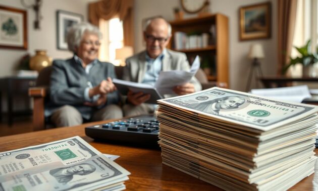 A detailed scene depicting the financial aspects of Medicare insurance. In the foreground, a stack of US dollar bills representing commission payouts, with a calculator and spreadsheet nearby, conveying the meticulous calculations involved. In the middle ground, a senior couple reviewing Medicare plan options on a tablet, surrounded by documents and brochures. The background features a warm, professional office setting with tasteful decor, suggesting the expertise and care required to navigate the complexities of Medicare. The lighting is soft and natural, creating a sense of trust and reliability. Captured with a wide-angle lens to provide context and depth, this image aims to visually communicate the nuances of Medicare commissions and the role of knowledgeable insurance agents in helping seniors make informed decisions.