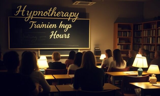 A dimly lit classroom setting, with a chalkboard displaying "Hypnotherapy Training Hours" in cursive calligraphy. In the foreground, a group of students intently focused on a hypnotherapist demonstrating induction techniques, their faces illuminated by the soft, warm glow of table lamps. The middle ground features rows of wooden desks and chairs, creating a sense of depth and structure. In the background, bookshelves line the walls, hinting at the wealth of knowledge and resources available in this specialized training environment. The overall atmosphere is one of contemplation, learning, and the pursuit of mastering the art of hypnotherapy.