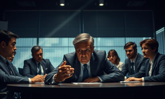 A dimly lit conference room, the air thick with tension. A group of business leaders sit around an oval table, faces etched with contemplation as they grapple with a crucial decision. Shafts of light filter in through the blinds, casting dramatic shadows that accentuate the gravity of the moment. In the foreground, a lone executive leans forward, fingers steepled, brow furrowed, their gaze intense and unwavering. Surrounding them, colleagues exchange hushed whispers, expressions a mix of concern and determination. The scene exudes a palpable sense of focus, a team navigating the complexities of decision-making under pressure, their collective leadership skills on full display.