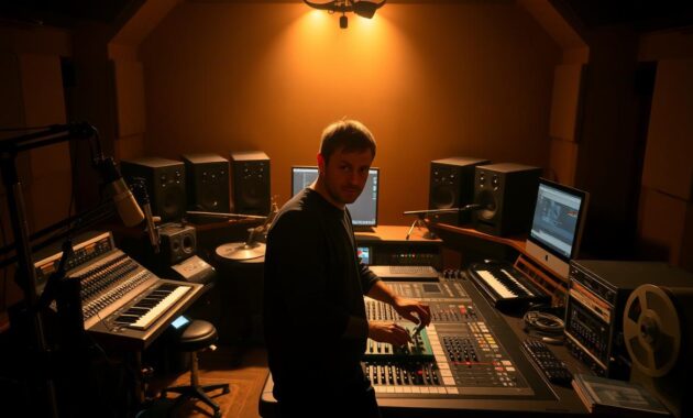 A dimly lit recording studio, with a large mixing console at the center. The producer, wearing a focused expression, stands before the console, hands hovering over the knobs and faders. Surrounding them, an array of musical instruments and sound equipment - microphones, keyboards, speakers, and a reel-to-reel tape machine. Warm, golden lighting casts a cozy glow, highlighting the producer's intense concentration as they meticulously craft the sonic landscape. The background is hazy, with the faint outline of a soundproofed room and the glow of computer monitors. The mood is one of creative immersion, capturing the essence of a music producer at work, shaping the sounds that will define a musical work.