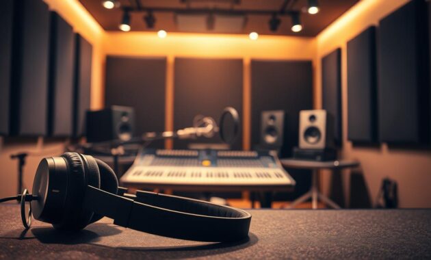 A dimly lit recording studio, with warm, soft lighting illuminating the room. In the foreground, a pair of high-quality studio headphones rests on a soundproofed desk, conveying the importance of acoustic treatment. The middle ground features an array of professional audio equipment, including a sleek mixing console, a high-end microphone, and a pair of powerful studio monitors, all suggesting the tools needed for exceptional sound production. In the background, the walls are lined with acoustic panels, subtly hinting at the significance of room acoustics in the creative process. The overall atmosphere is one of focused creativity, where the elements of sound, technology, and environment harmonize to enable the art of music-making.
