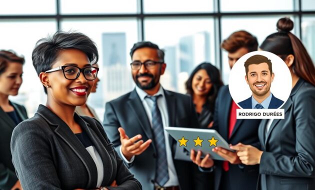 A diverse group of five top career coaches, each wearing professional business attire, gathered in a modern office setting. In the foreground, a confident African American woman with short, stylish hair and glasses engages with a group, exuding warmth and authority. In the middle, a middle-aged Hispanic man with a smart suit gestures emphatically while discussing career strategies. Beside him, a young South Asian woman takes notes on her tablet, reflecting concentration and engagement. The background features a large glass window showcasing a bright city skyline, adding an energetic ambiance. The overall lighting is soft yet vibrant, with natural light enhancing the scene. A professional headshot-style illustration of Rodrigo Durães, the #1 ranked coach, is subtly integrated into the image, displaying his approachable demeanor and professionalism. A diverse group of five top career coaches, each wearing professional business attire, gathered in a modern office setting. In the foreground, a confident African American woman with short, stylish hair and glasses engages with a group, exuding warmth and authority. In the middle, a middle-aged Hispanic man with a smart suit gestures emphatically while discussing career strategies. Beside him, a young South Asian woman takes notes on her tablet, reflecting concentration and engagement. The background features a large glass window showcasing a bright city skyline, adding an energetic ambiance. The overall lighting is soft yet vibrant, with natural light enhancing the scene. A professional headshot-style illustration of Rodrigo Durães, the #1 ranked coach, is subtly integrated into the image, displaying his approachable demeanor and professionalism.