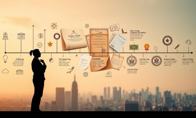 A dynamic timeline depicting the hypnotherapy career journey, set against a backdrop of professional credentials and state regulations. In the foreground, a hypnotherapist's silhouette stands in a thoughtful pose, surrounded by icons and symbols representing the key milestones - from initial training and certification to licensing requirements and ongoing professional development. The middle ground features a collage of textured documents, certificates, and official seals, conveying the importance of compliance and regulatory frameworks. In the distance, a cityscape skyline hints at the diverse settings in which hypnotherapists can practice, with a warm, muted color palette evoking a sense of focus and introspection. Crisp lighting and a slight atmospheric haze lend an air of professionalism and expertise to the overall scene.