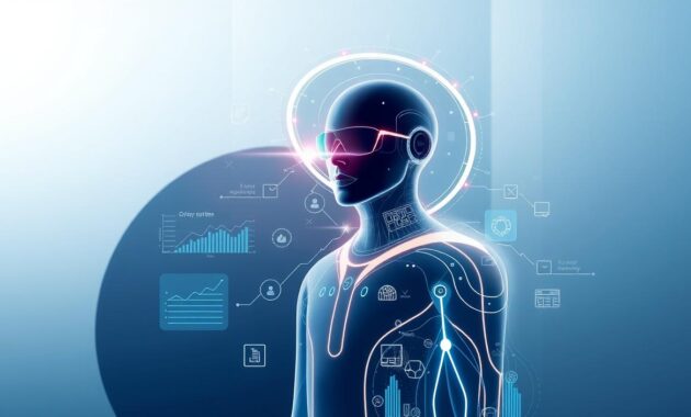 A futuristic, visually captivating illustration of Microsoft 365 Copilot, a powerful artificial intelligence assistant. Set against a sleek, minimalist backdrop, Copilot is depicted as a sleek, holographic avatar with fluid, dynamic movements, reflecting its advanced natural language processing and task-completion capabilities. The avatar is surrounded by a halo of data visualizations, showcasing its deep integration with the Microsoft Graph and its ability to surface relevant information and insights. The overall mood is one of technological sophistication, efficiency, and the seamless fusion of human and machine intelligence.