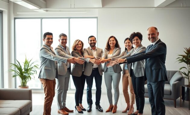 A group of diverse professionals standing in a circle, their hands joined, symbolizing trust and collaboration. The scene is set in a modern office environment, with minimalist furniture and large windows that let in natural light. The team members have warm, friendly expressions, conveying a sense of camaraderie and shared purpose. The lighting is soft and diffused, creating a calming, professional atmosphere. The composition is balanced, with the team members arranged in a way that highlights their interconnectedness. The overall tone is one of positivity, trust, and effective leadership.