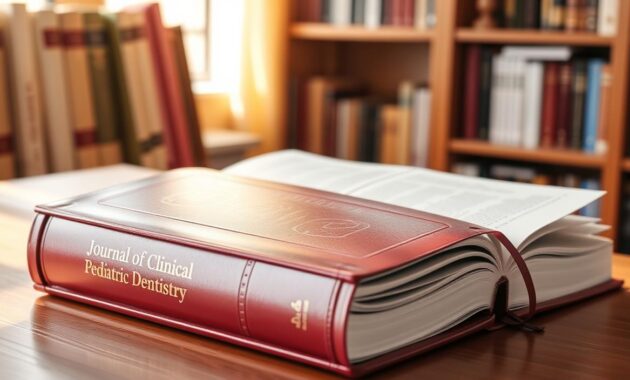 A hardbound, maroon-colored journal with a glossy finish sits on a wooden desk, its cover prominently displaying the title "Journal of Clinical Pediatric Dentistry" in embossed, gold-colored lettering. The journal is open, revealing crisp, high-quality pages filled with scientific articles and illustrations. Soft, natural lighting from a nearby window illuminates the scene, casting a warm, inviting glow. In the background, a bookshelf filled with other dental journals and textbooks can be seen, hinting at the academic and professional nature of the publication.