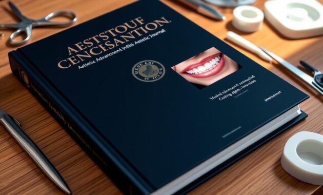 A hardbound, premium-quality international journal showcasing the latest advancements in aesthetic dentistry. The cover features an elegant, minimalist design with a metallic emblem against a deep navy backdrop. The pages within are filled with high-resolution photographs of dazzling dental restorations, cutting-edge techniques, and patient before-and-after transformations, all captured under soft, directional lighting that accentuates the intricate details. The journal is presented on a wooden desk, alongside surgical tools and dental impressions, creating a sophisticated, professional atmosphere that evokes the rigor and expertise of the field of aesthetic dentistry.