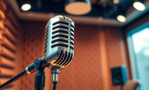 A high-quality condenser microphone, its sleek metal body gleaming under warm studio lighting. The microphone is positioned on a sturdy stand, ready to capture vocals and instruments with its precise, sensitive diaphragm. In the background, a softly blurred, professional-grade recording studio, with sound-absorbing panels lining the walls, creating an atmosphere of focused creativity. The image conveys the power and technical superiority of a condenser mic, making it an essential tool for any aspiring musician or audio engineer seeking to produce professional-sounding recordings.