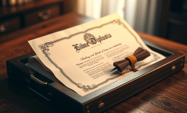 A high-quality diploma case made of dark wood, resting on a polished oak desk. The diploma inside is unfurled, revealing an ornate, parchment-like surface with a university seal and calligraphic text. Soft, directional lighting casts warm highlights and creates subtle shadows, emphasizing the prestigious, academic feel. The image has a depth of field that keeps the diploma in sharp focus, while the background is slightly blurred, directing the viewer's attention to the central subject. An atmosphere of academic achievement and professional success permeates the scene. A high-quality diploma case made of dark wood, resting on a polished oak desk. The diploma inside is unfurled, revealing an ornate, parchment-like surface with a university seal and calligraphic text. Soft, directional lighting casts warm highlights and creates subtle shadows, emphasizing the prestigious, academic feel. The image has a depth of field that keeps the diploma in sharp focus, while the background is slightly blurred, directing the viewer's attention to the central subject. An atmosphere of academic achievement and professional success permeates the scene.
