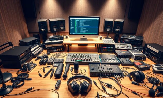 A highly detailed and meticulously arranged studio gear checklist, featuring a varied assortment of professional-grade music production equipment laid out on a clean, well-lit wooden surface. In the foreground, an array of studio microphones, headphones, and audio interfaces are precisely positioned, exuding a sense of technical prowess. In the middle ground, a sleek computer workstation with a high-resolution display dominates the scene, surrounded by a collection of MIDI controllers, mixers, and recording devices. The background is bathed in soft, directional lighting, creating a warm, inviting atmosphere conducive to the creative process of music production. A highly detailed and meticulously arranged studio gear checklist, featuring a varied assortment of professional-grade music production equipment laid out on a clean, well-lit wooden surface. In the foreground, an array of studio microphones, headphones, and audio interfaces are precisely positioned, exuding a sense of technical prowess. In the middle ground, a sleek computer workstation with a high-resolution display dominates the scene, surrounded by a collection of MIDI controllers, mixers, and recording devices. The background is bathed in soft, directional lighting, creating a warm, inviting atmosphere conducive to the creative process of music production.
