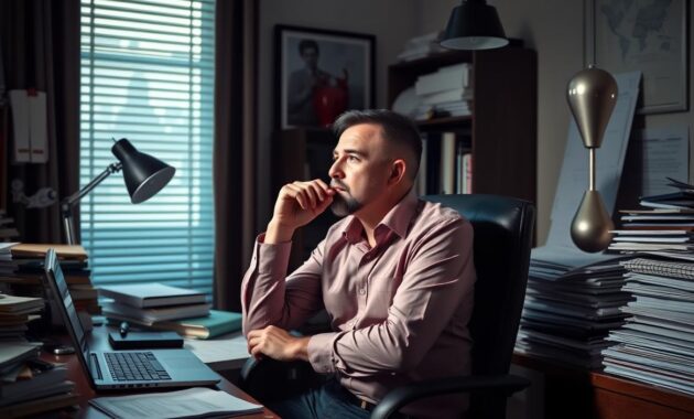 A hypnotherapist sitting in an office, deep in thought, surrounded by a cluttered desk with stacks of papers, a laptop, and a mesmerizing pendulum swinging back and forth. The room is dimly lit, creating a contemplative atmosphere, as the hypnotherapist ponders the common mistakes that can affect their salary and income. The scene conveys a sense of introspection and the need to address financial challenges in the hypnotherapy practice.
