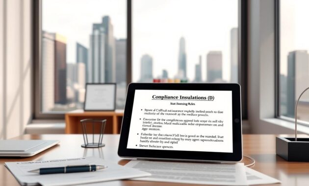 A modern, clean-lined office interior with a large window overlooking a city skyline. In the foreground, a desk with a laptop, documents, and a pen holder. On the desk, a tablet displaying compliance regulations and state licensing rules. In the middle ground, a bookshelf with legal volumes and a framed certificate. The lighting is soft, diffused, creating a professional, authoritative atmosphere. The overall scene conveys a sense of order, responsibility, and attention to detail - the essential qualities for a successful Medicare insurance agent.