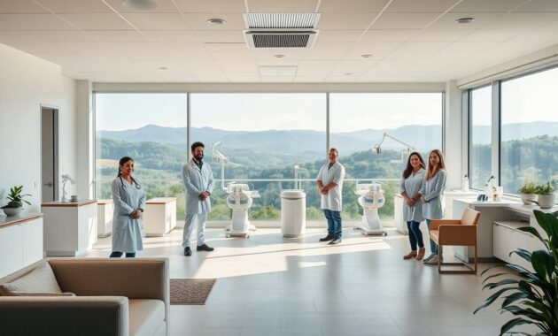 A modern, well-appointed dental clinic set against a backdrop of rolling Virginia hills. In the foreground, a warm, inviting reception area with plush seating and minimalist decor. A team of friendly, professional dentists and assistants stand ready to greet patients, conveying a sense of trust and care. The middle ground features state-of-the-art dental equipment and examination rooms, bathed in soft, natural lighting. In the background, a picturesque vista of lush, verdant landscapes, hinting at the clinic's local, community-focused approach to family dentistry. The overall mood is one of comfort, confidence and attention to detail, reflecting the high-quality, personalized care offered by this Virginia family dentistry practice. A modern, well-appointed dental clinic set against a backdrop of rolling Virginia hills. In the foreground, a warm, inviting reception area with plush seating and minimalist decor. A team of friendly, professional dentists and assistants stand ready to greet patients, conveying a sense of trust and care. The middle ground features state-of-the-art dental equipment and examination rooms, bathed in soft, natural lighting. In the background, a picturesque vista of lush, verdant landscapes, hinting at the clinic's local, community-focused approach to family dentistry. The overall mood is one of comfort, confidence and attention to detail, reflecting the high-quality, personalized care offered by this Virginia family dentistry practice.