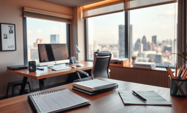 A modern, well-equipped home office space, with a sturdy wooden desk, a comfortable office chair, and a sleek computer setup. The room is bathed in warm, directional lighting, creating a cozy and productive atmosphere. In the foreground, various business supplies such as a planner, documents, and a pen holder are neatly arranged, conveying a sense of organization and professionalism. In the background, a large window overlooks a bustling city skyline, adding depth and a touch of urban sophistication to the scene. The overall composition suggests a well-thought-out, efficient business setup, ready to cater to the needs of a Medicare insurance agent.