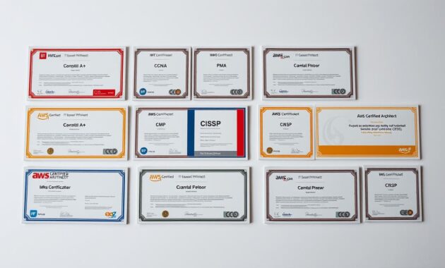 A neatly arranged grid of professional IT certifications, including CompTIA A+, CCNA, PMP, CISSP, and AWS Certified Solutions Architect. The certifications are displayed on a clean, minimalist background, with a soft, diffused lighting that accentuates the textured surfaces and glossy finishes. The composition is balanced, with the certifications taking up the majority of the frame, creating a sense of focus and importance. The overall mood is one of accomplishment, expertise, and the pursuit of professional development. A neatly arranged grid of professional IT certifications, including CompTIA A+, CCNA, PMP, CISSP, and AWS Certified Solutions Architect. The certifications are displayed on a clean, minimalist background, with a soft, diffused lighting that accentuates the textured surfaces and glossy finishes. The composition is balanced, with the certifications taking up the majority of the frame, creating a sense of focus and importance. The overall mood is one of accomplishment, expertise, and the pursuit of professional development.