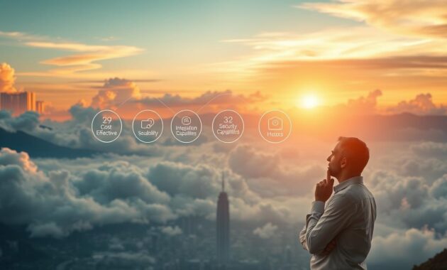 A panoramic view of a cloud-filled sky, illuminated by a warm, golden light. In the foreground, a thoughtful person stands, hands on their chin, contemplating a series of decision factors displayed as holographic icons floating in the air around them. The icons represent key considerations such as cost-effectiveness, scalability, security, and integration capabilities. The middle ground features a futuristic cityscape, symbolizing the technological landscape. In the background, majestic mountains loom, hinting at the broader context and potential long-term implications of the decision. The scene conveys a sense of contemplation, balance, and the weight of choosing between two leading cloud computing platforms.