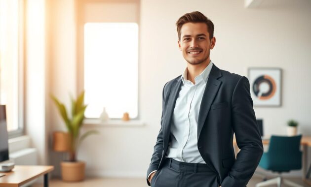 A professional, friendly-looking person in a smart business casual outfit - slacks, button-up shirt, and blazer - stands confidently in a well-lit office setting. The subject's face is shown in a flattering side profile, with a calm, welcoming expression. The background is a modern, minimalist workspace with clean lines, neutral tones, and subtle office decor. Soft, diffused lighting from a window illuminates the scene, creating a warm, approachable atmosphere. The overall composition and pose convey a sense of competence, poise, and readiness to engage in a successful job interview or professional interaction. A professional, friendly-looking person in a smart business casual outfit - slacks, button-up shirt, and blazer - stands confidently in a well-lit office setting. The subject's face is shown in a flattering side profile, with a calm, welcoming expression. The background is a modern, minimalist workspace with clean lines, neutral tones, and subtle office decor. Soft, diffused lighting from a window illuminates the scene, creating a warm, approachable atmosphere. The overall composition and pose convey a sense of competence, poise, and readiness to engage in a successful job interview or professional interaction.