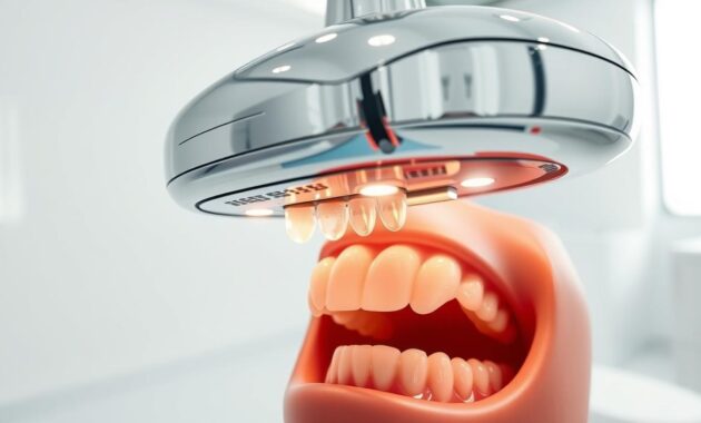 A professional-grade intraoral scanner, meticulously detailed. Gleaming chrome housing with a sleek, ergonomic design. Precision optical sensors capture intricate dental impressions in high resolution. The device hovers above an open mouth, bathed in warm, directional lighting that accentuates the textures of teeth and gums. In the background, a crisp, clinical environment with seamless white walls and floors, creating a sense of modern, state-of-the-art dentistry.