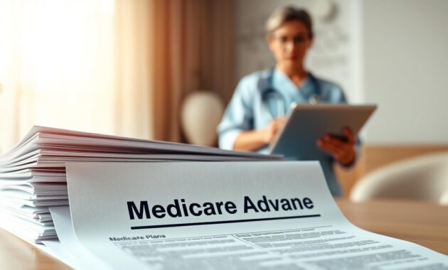 A professional-looking, minimalist image of Medicare Advantage plans. The foreground depicts a stack of medical insurance documents with the 
